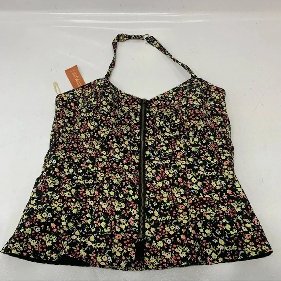 American Rag Halter Top  1X Floral Front Zip Smocked Back Pin Up Y2K Dainty New - Picture 4 of 11